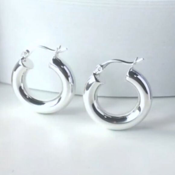 925 Sterling Post Small Chunky Hoop Earrings - Picture 1 of 3